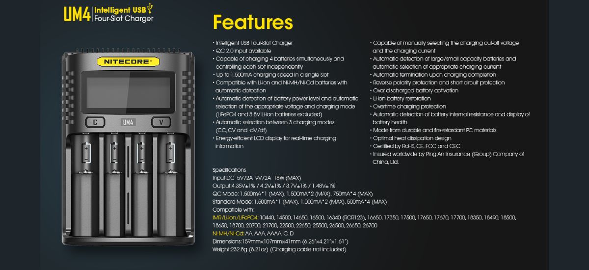 CARGADOR UM4 CUATRO RANURAS 2A - NITECORE 6 CARGADOR UM4 CUATRO RANURAS 2A NITECORE 4