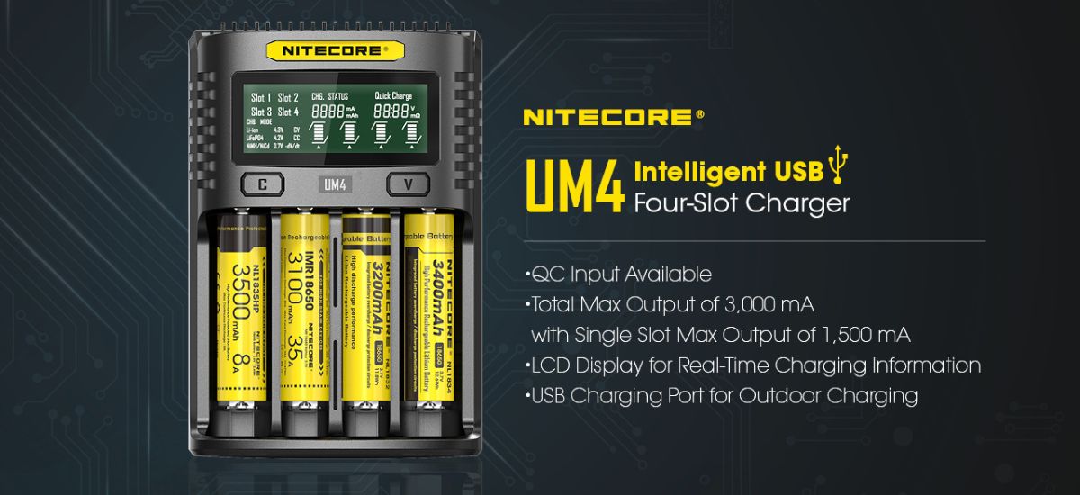 CARGADOR UM4 CUATRO RANURAS 2A - NITECORE 4 CARGADOR UM4 CUATRO RANURAS 2A - NITECORE